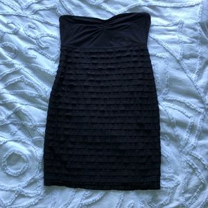 Divided black strapless bodycon dress w/ ruffles